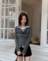 #FZ Stripe Shirt Layered Drape T-Shirt (2color)