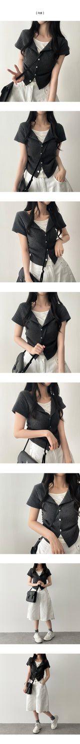 Dove Side Shirring Pleated Layered Snap Short-Sleeved Cardigan T-Shirt
