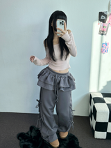フリースピカブル❤リボンカンカンブーツカットワイド2スタイルパンツ🖤🩶🤎💛5カラー