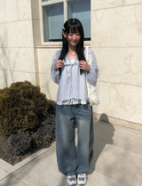 アンナ ストライプ レース フリル レイヤード ブラウス