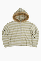 Stripe fur crop hood zip-up