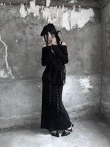eyelet strap folding long skirt