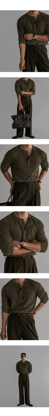 Pattern Muscle Henley Neck Knit Tee [Khaki]