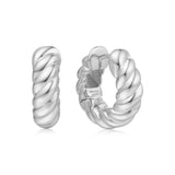 bold textured medium hoop rhodium plating + 925 silver earrings E063-07H