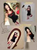 Red bow lettering lace sleeveless t-shirt