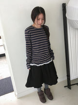 クニンフリルストライプリボン長袖Tシャツ