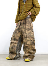RELABEL Digital-Printed Leopard-Print Camouflage High-Waisted/Low-Waisted Frayed-Edge Patchwork A-Line Studded Workwear Trousers