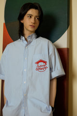 Blue Stripe Pocket short-sleeved Shirt [Unisex]