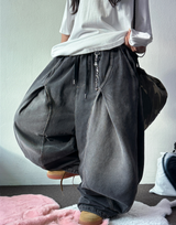 KOREAN / KEYRING / STRING 🩵 FRONT SLIT BALLOON JOGGER DENIM WIDE LONG PANTS 🩵🖤 - 2 COLORS