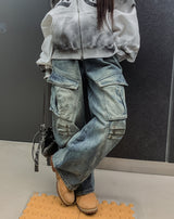 コッパーリベットピンタックカーゴデニムパンツ