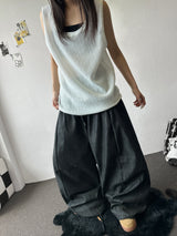 Lever Side Panel Elastic Waist Raw Denim Pants 2color