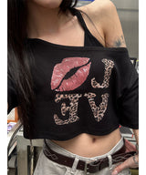 リップオフショルダー半袖Tシャツ(2color)