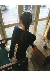 バックホワイトボウロングスリーブニットTシャツ