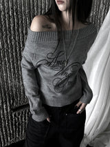 gray lettering off-shoulder knit