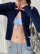 Chewing Ribbed Button Round Neck Long Sleeve Cardigan