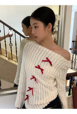 赤いリボンオフショルダー長袖ニットウェア
