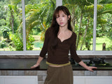 3/4 リブ ヘンリーネック ボタンTシャツ (Brown)
