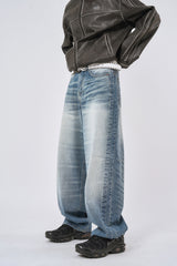 Mend side washed wide denim pants