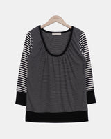 ミナミ ストライプド Uネック 9分袖 Tシャツ