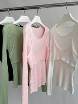 Double Layered Color V-Neck Long Sleeve T-Shirt
