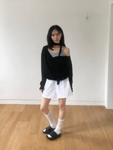 Wrap loose fit shirring hooded knit (4c)