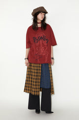 スケルトンレースプリントロールヘム半袖Tシャツ-red