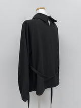 High-neck belted balloon-fit blouse