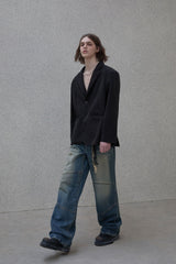 Curved double knee denim pants
