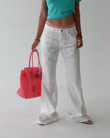 linen white low bootcut jeans