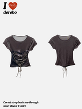 Corset strap back see-through short sleeve T-shirt