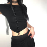 ルティリボンメッシュドレスシャーリングオフショルダーTシャツ