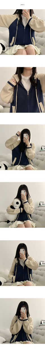 Neck Color Matching Raglan Line Knit Hood Zip-Up