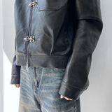 Textured Leather Metal Clasp Zip Cropped Jacket