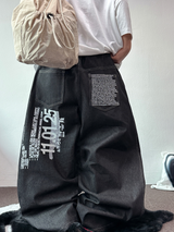 LETTERING INDIGO RAW STITCH WIDE BALLOON TATTOO PRINT DENIM LONG PANTS 🩵🖤 - 2 COLORS