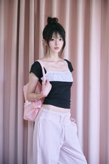 [MADE] Dual-Tone Contrast Lace Shirred Top
