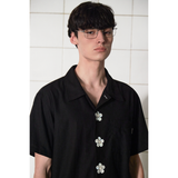 BUTTON FLOWER HALF SHIRT / BLACK