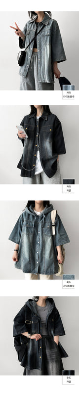 Trin boxy fit denim short-sleeved shirt collar hooded jacket