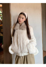 cream soft fur zip-up collar jacket