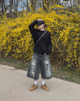 Sheer Raw-Edge Waffle Long Sleeve