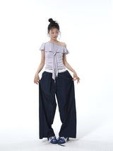 Summon Oak American-style spliced contrast-color casual pants for women, loose straight-cut wide-leg sports trousers with a good draping effect