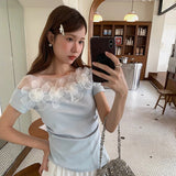 アシンメトリーレーストリムオフショルダーT