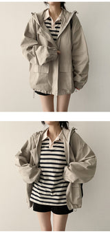 Color matching open collar stripe loose fit rugby long sleeve tee 