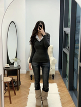 Slim fit V-neck long T-shirt 3color
