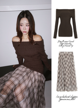Deep Brown V-neck Off-Shoulder Long-Sleeved Top
