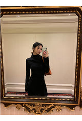 Half Turtleneck Black Flared Long Dress