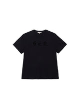 6CRAYON Black Box Fit T-Shirt with Offset Spliced Neckline & Classic Flock Print