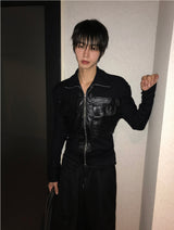 ブラック レザー ニット ジップアップ