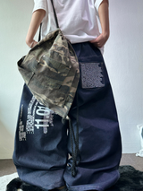 LETTERING INDIGO RAW STITCH WIDE BALLOON TATTOO PRINT DENIM LONG PANTS 🩵🖤 - 2 COLORS