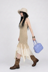 FRINGE-HEM KNIT V-NECK DRESS IN BEIGE