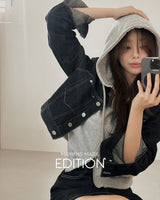 Rib cropped hooded zip-up